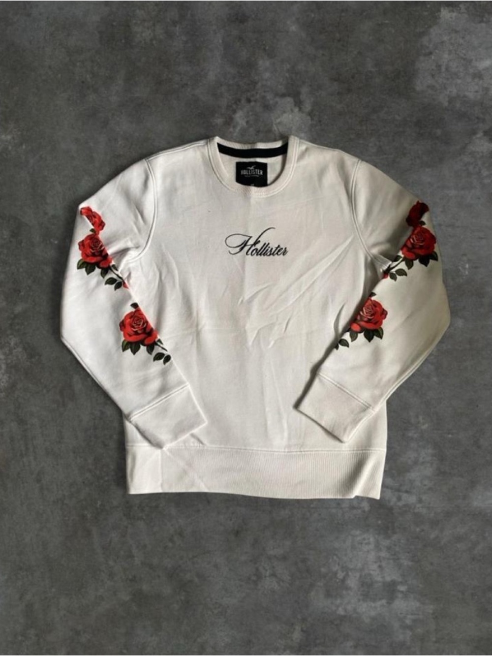 Hollister White Crewneck with Red Rose Sleeve Embroidery